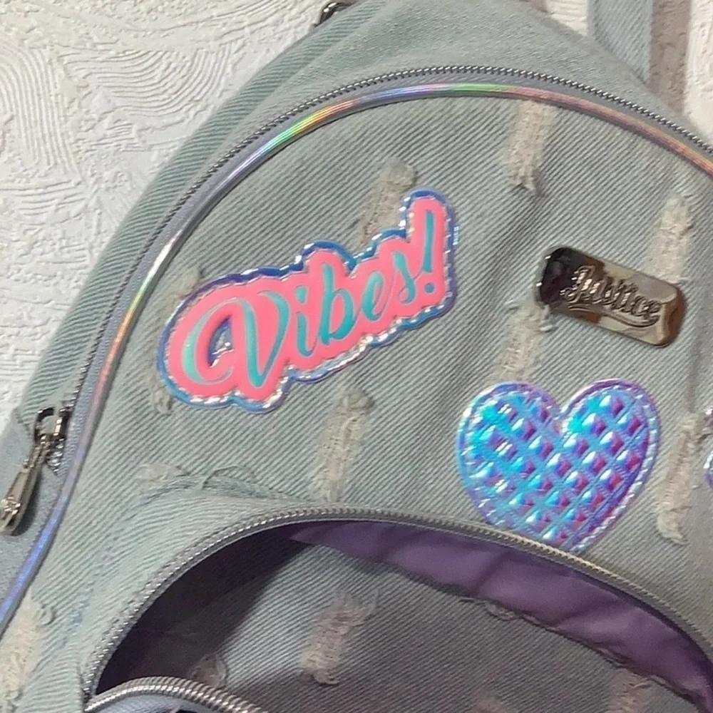Justice - distressed denim mini bagpack - reverse sequins - letter M and more
